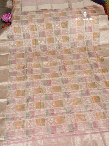 Baby Pink Fancy Tissue Kota Saree With Zari Lines Blouse