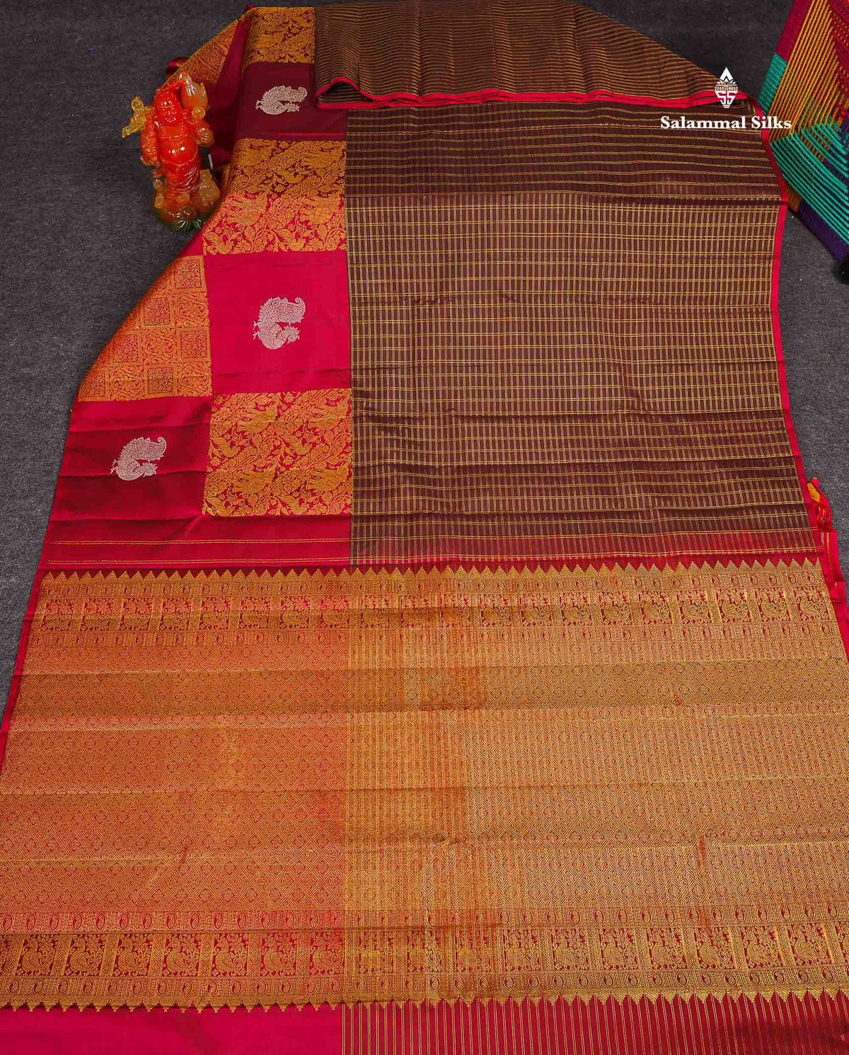 Pure Kanjivaram Silk Saree - Dark Brown Colour Body Checks With Dual Tone Maroon Long Border