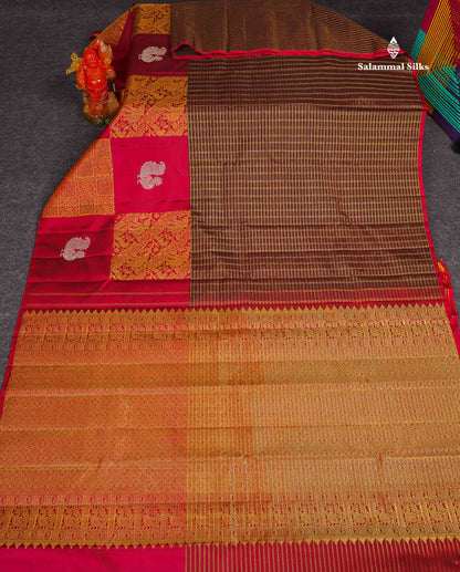 Pure Kanjivaram Silk Saree - Dark Brown Colour Body Checks With Dual Tone Maroon Long Border