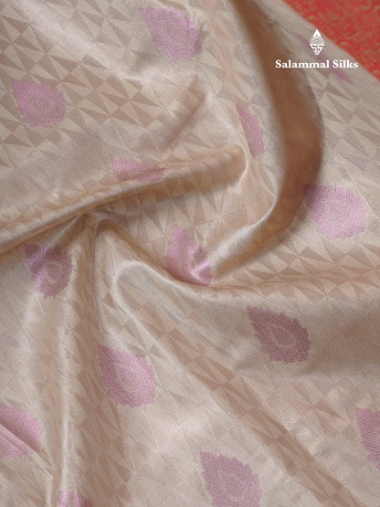 Cream Sandal Tissue Semi Silk Saree With Contrast Chilly Red Traditional Evening Morning Border