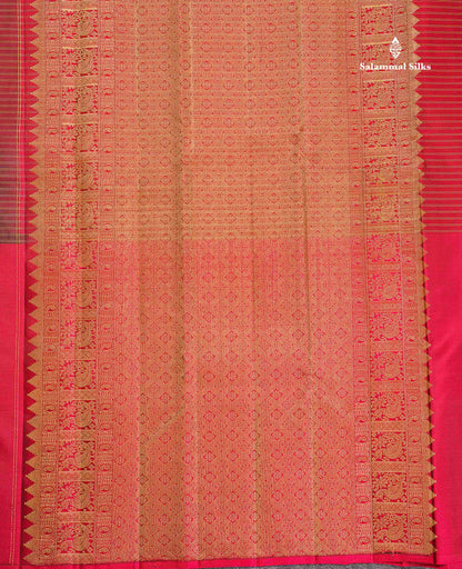 Pure Kanjivaram Silk Saree - Dark Brown Colour Body Checks With Dual Tone Maroon Long Border