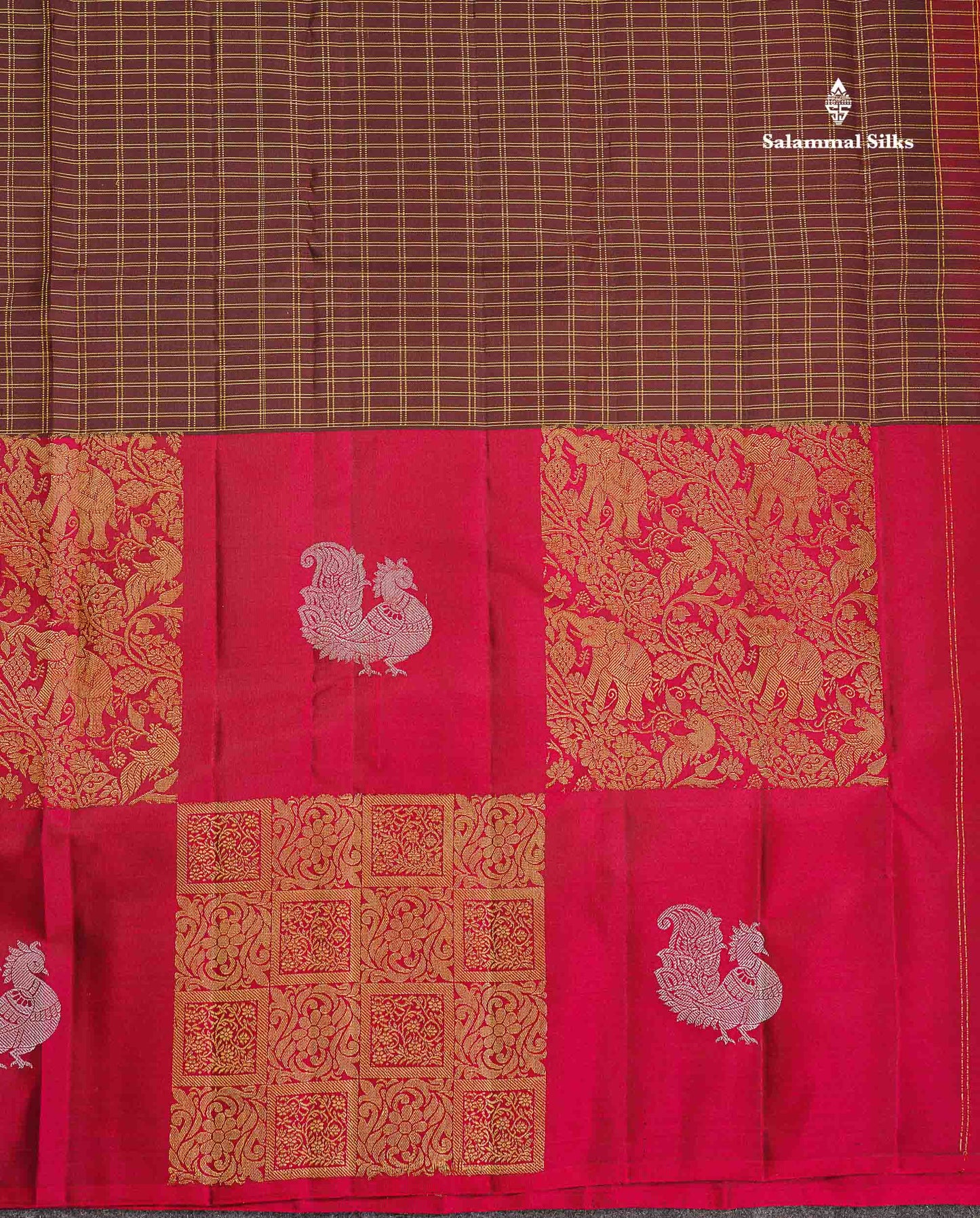 Pure Kanjivaram Silk Saree - Dark Brown Colour Body Checks With Dual Tone Maroon Long Border