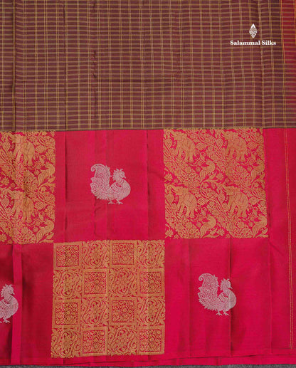 Pure Kanjivaram Silk Saree - Dark Brown Colour Body Checks With Dual Tone Maroon Long Border