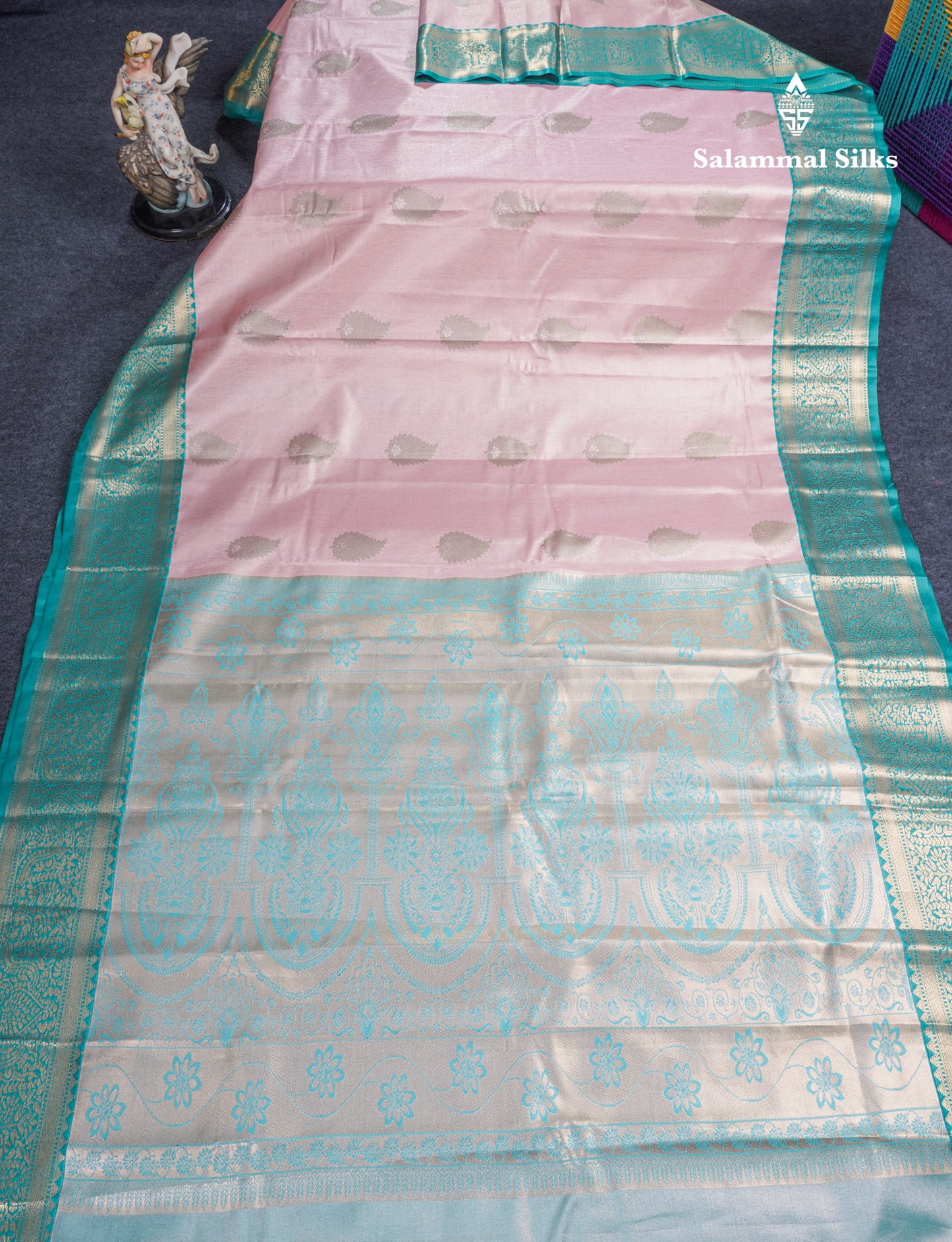 Baby Pink Tissue Semi Silk Saree With Contrast Saffire Green Border