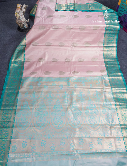 Baby Pink Tissue Semi Silk Saree With Contrast Saffire Green Border