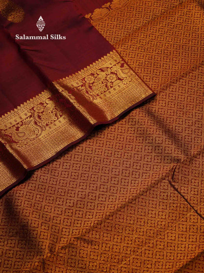 Beautiful Dark Maroon Pure Kanjivaram Silk Saree With Traditional Evening Morning Border