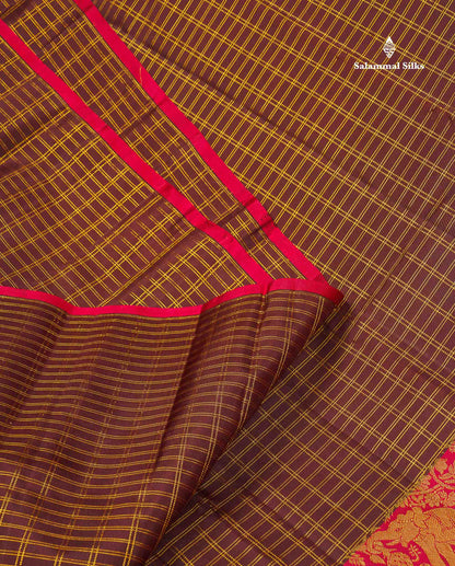 Pure Kanjivaram Silk Saree - Dark Brown Colour Body Checks With Dual Tone Maroon Long Border