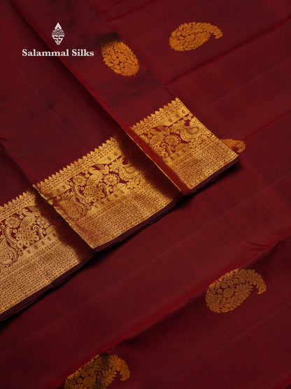 Beautiful Dark Maroon Pure Kanjivaram Silk Saree With Traditional Evening Morning Border