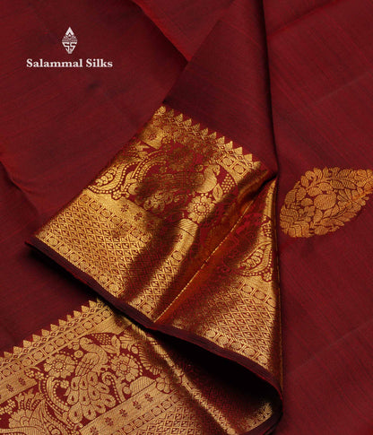 Beautiful Dark Maroon Pure Kanjivaram Silk Saree With Traditional Evening Morning Border