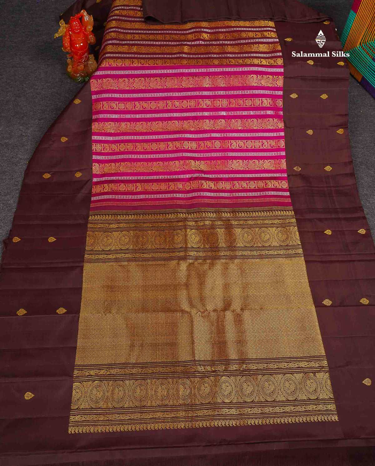 Pure Kanjivaram Silk Saree - Magenta Colour Body With Contrast Dark Brown Long Border