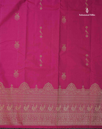 Beautiful Dual Tone Magenta Iruthalai Pakshi Zari Butta Semi Silk Saree With Traditional Turning Border
