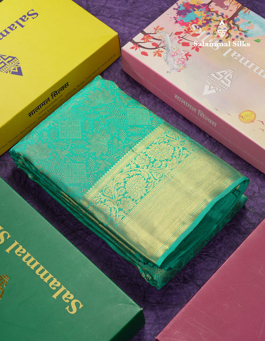 Beautiful Sapphire Green Bridal Pure Kanjivaram Silk Saree With Traditional Border