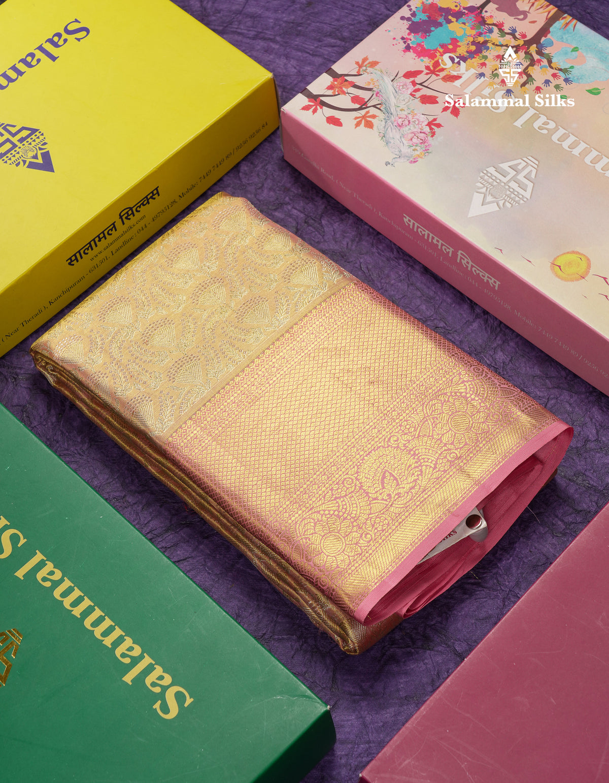 Beautiful Dark Peach Tissue Bridal Pure Kanjivaram Silk Saree With Contrast Baby Pink Traditional Border