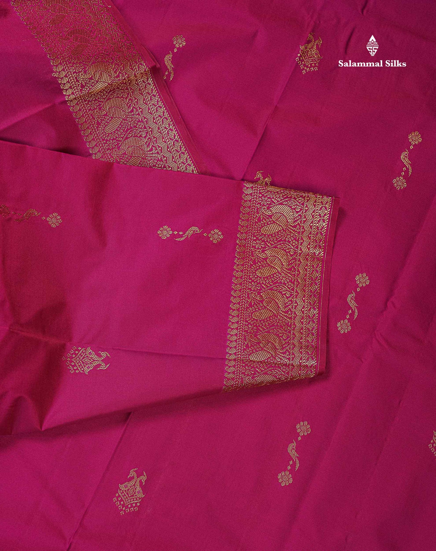 Beautiful Dual Tone Magenta Iruthalai Pakshi Zari Butta Semi Silk Saree With Traditional Turning Border