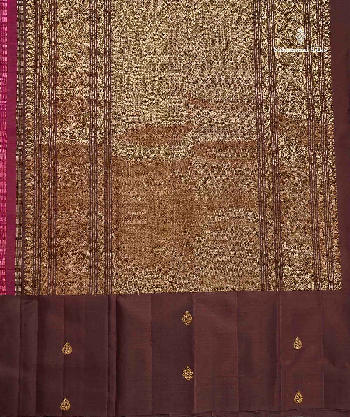 Pure Kanjivaram Silk Saree - Magenta Colour Body With Contrast Dark Brown Long Border