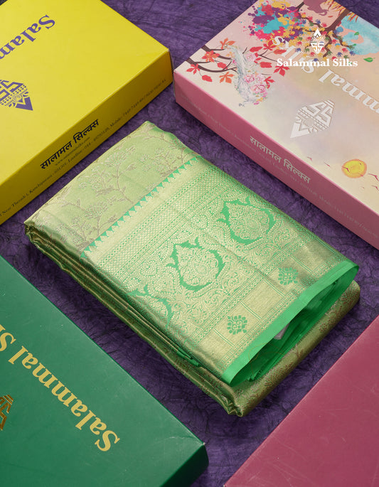 Beautiful Light Green Tissue Bridal Pure Kanjivaram Silk Saree With Contrast Rexona Green Traditional Evening Morning Border