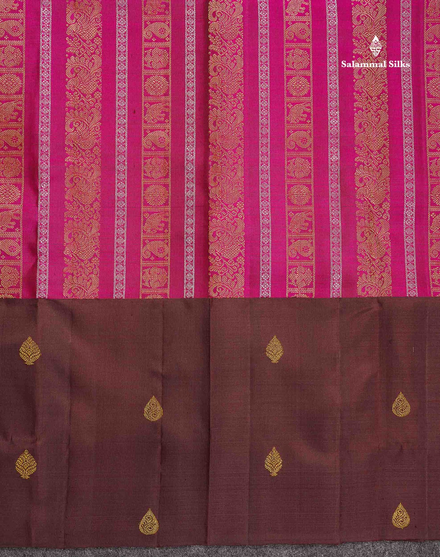 Pure Kanjivaram Silk Saree - Magenta Colour Body With Contrast Dark Brown Long Border