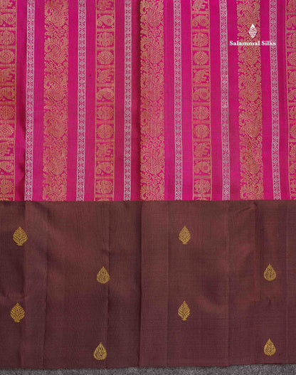 Pure Kanjivaram Silk Saree - Magenta Colour Body With Contrast Dark Brown Long Border