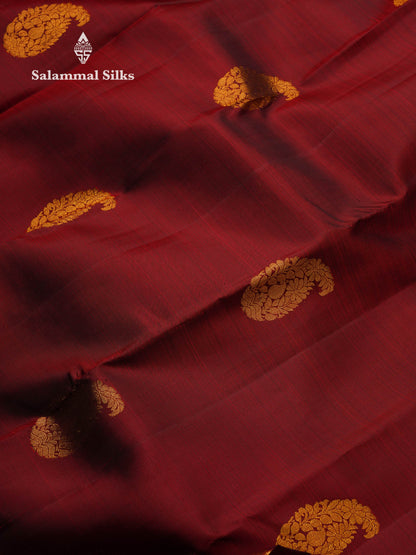 Beautiful Dark Maroon Pure Kanjivaram Silk Saree With Traditional Evening Morning Border