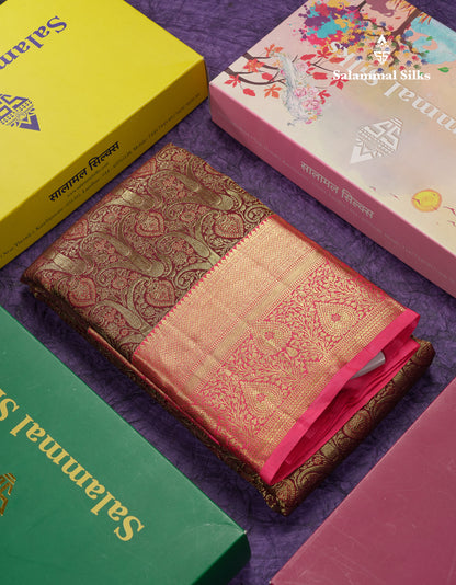Beautiful Dark Brown Bridal Pure Kanjivaram Silk Saree With Contract Light Pink Traditional Border