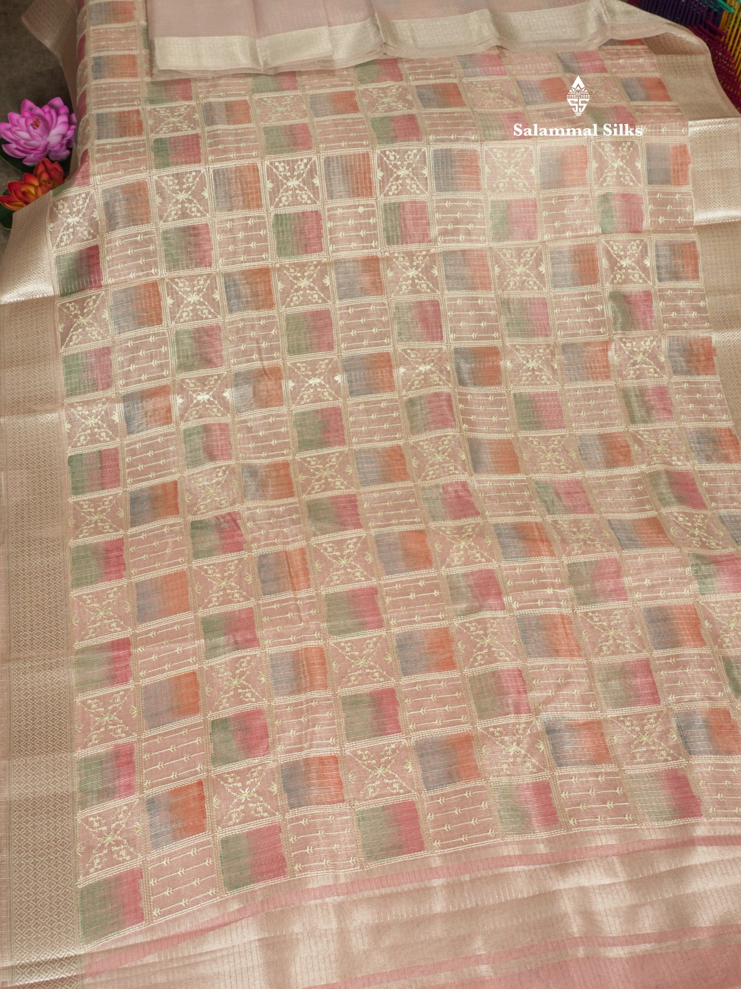 Baby Pink Fancy Tissue Kota Saree With Zari Lines Blouse