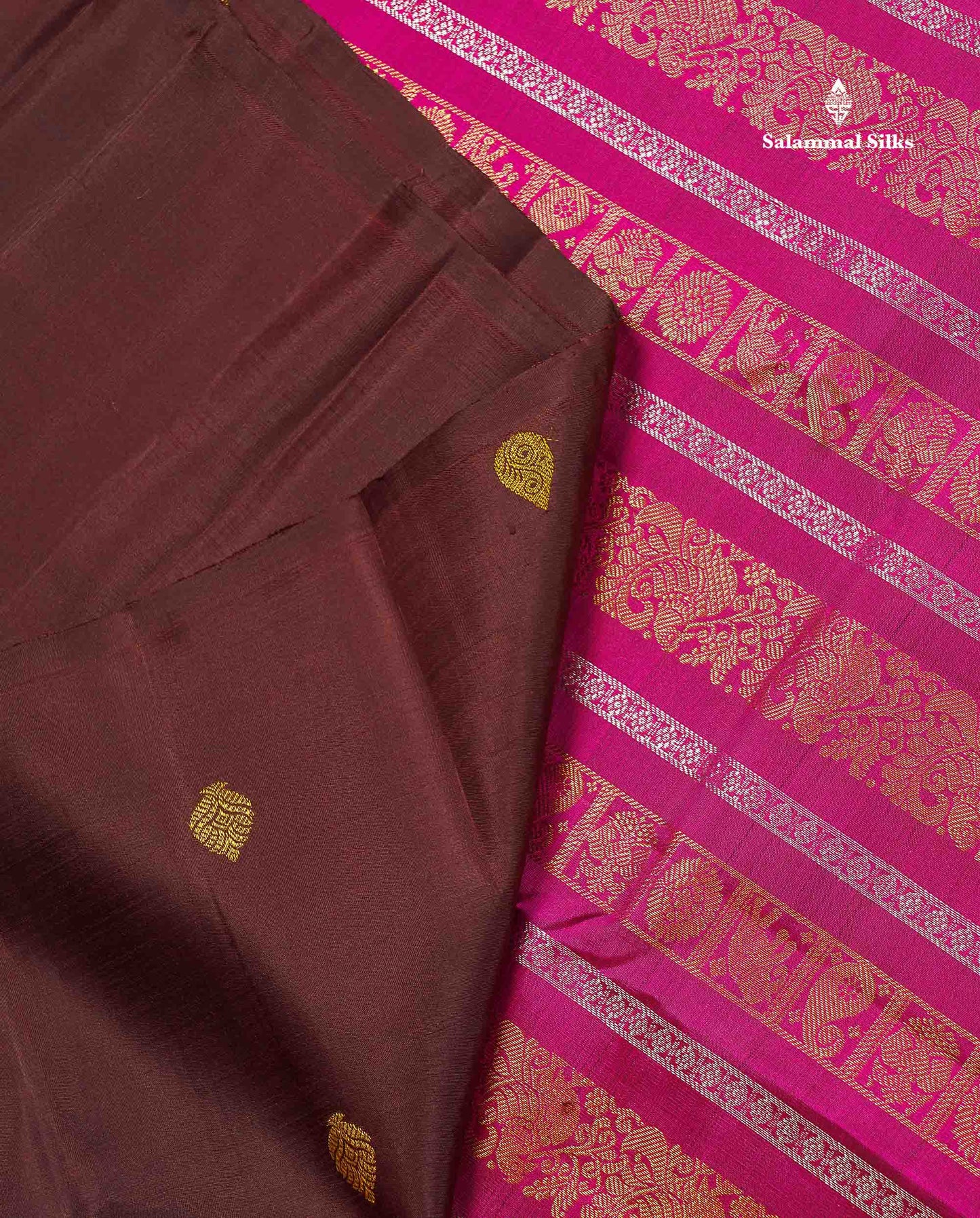 Pure Kanjivaram Silk Saree - Magenta Colour Body With Contrast Dark Brown Long Border