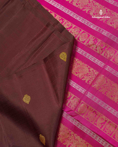 Pure Kanjivaram Silk Saree - Magenta Colour Body With Contrast Dark Brown Long Border