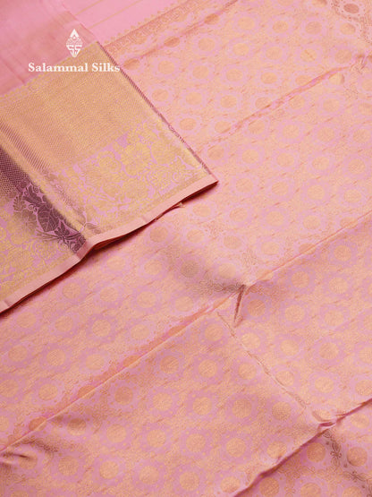 Beautiful Light Pink Pure Kanjivaram Silk Saree With Traditional Evening Morning Border