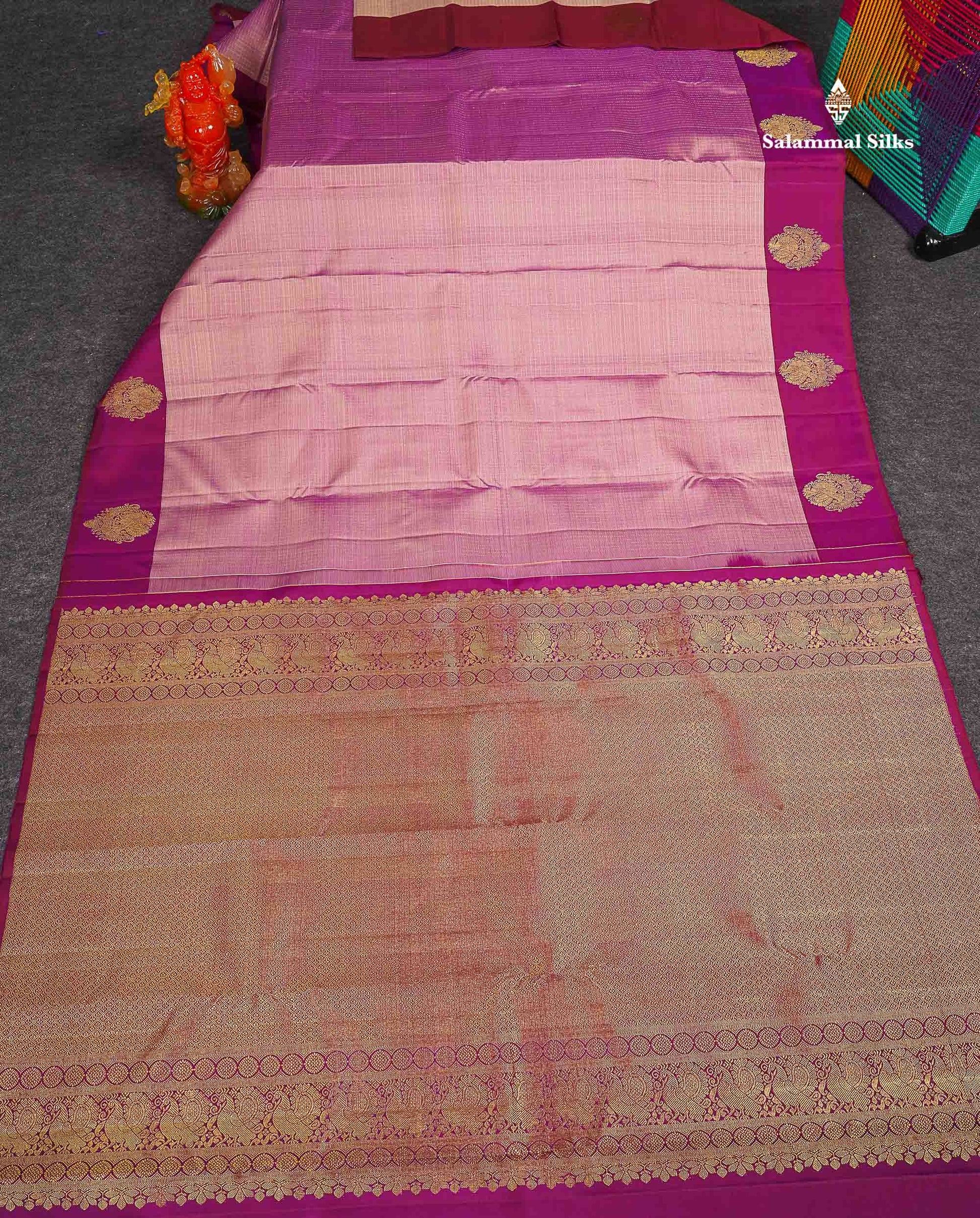 Pure Kanjivaram Silk Saree - Onion Pink Colour Body Small Checks With Contrast Magenta Border