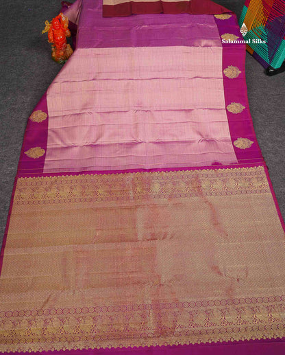 Pure Kanjivaram Silk Saree - Onion Pink Colour Body Small Checks With Contrast Magenta Border