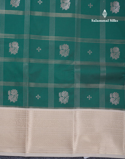 Bottle Green Semi Silk Saree With Contrast Cream Sandal Border