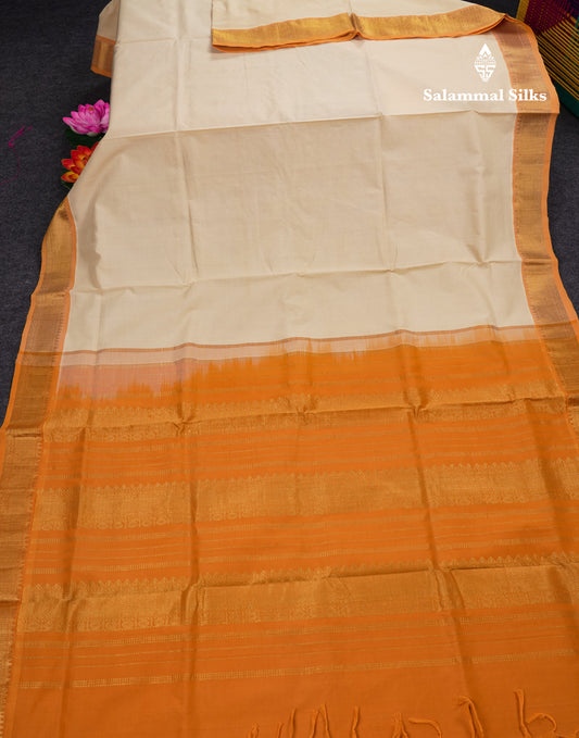 Half White Plain Semi Silk Cotton Saree With Contrast Mustard Yellow Border
