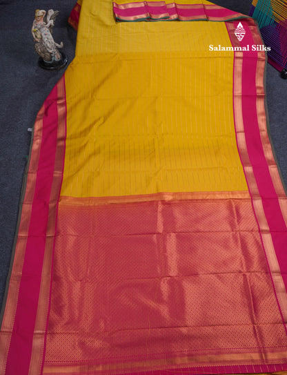 Mustard Yellow Semi Silk Saree With Contrast Pink Rettapet Border