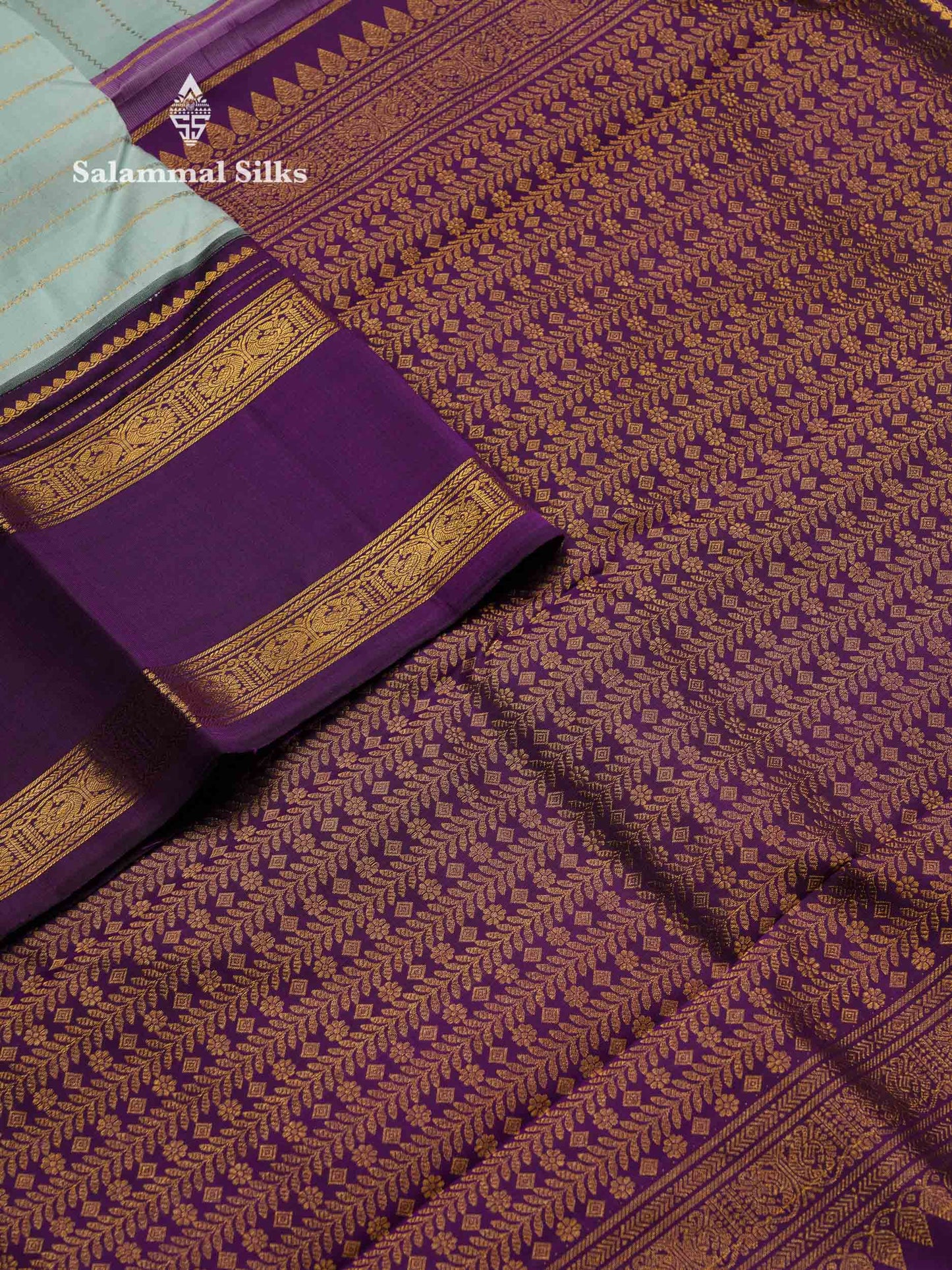 Korvai Beautiful Ice Blue Pure Kanjivaram Silk Saree With Contrast Dark Purple Traditional Rettapet Border