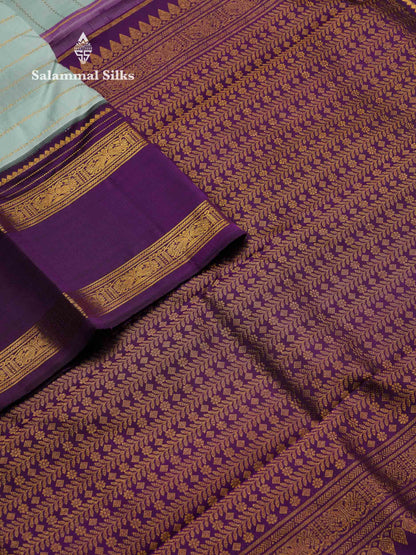 Korvai Beautiful Ice Blue Pure Kanjivaram Silk Saree With Contrast Dark Purple Traditional Rettapet Border