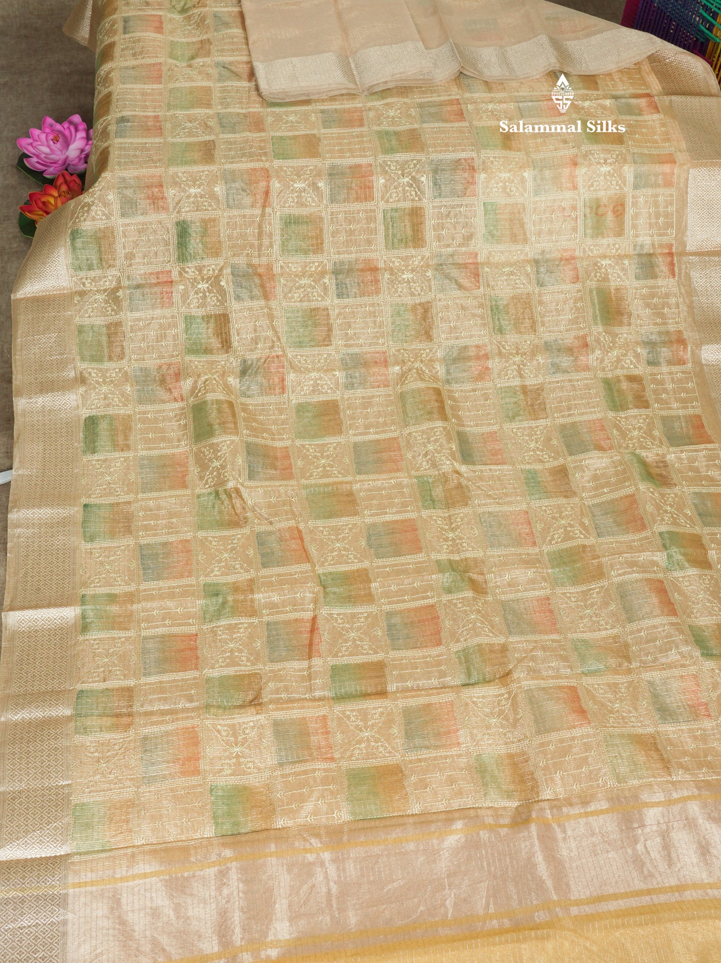 Baby Pink Fancy Tissue Kota Saree With Zari Lines Blouse