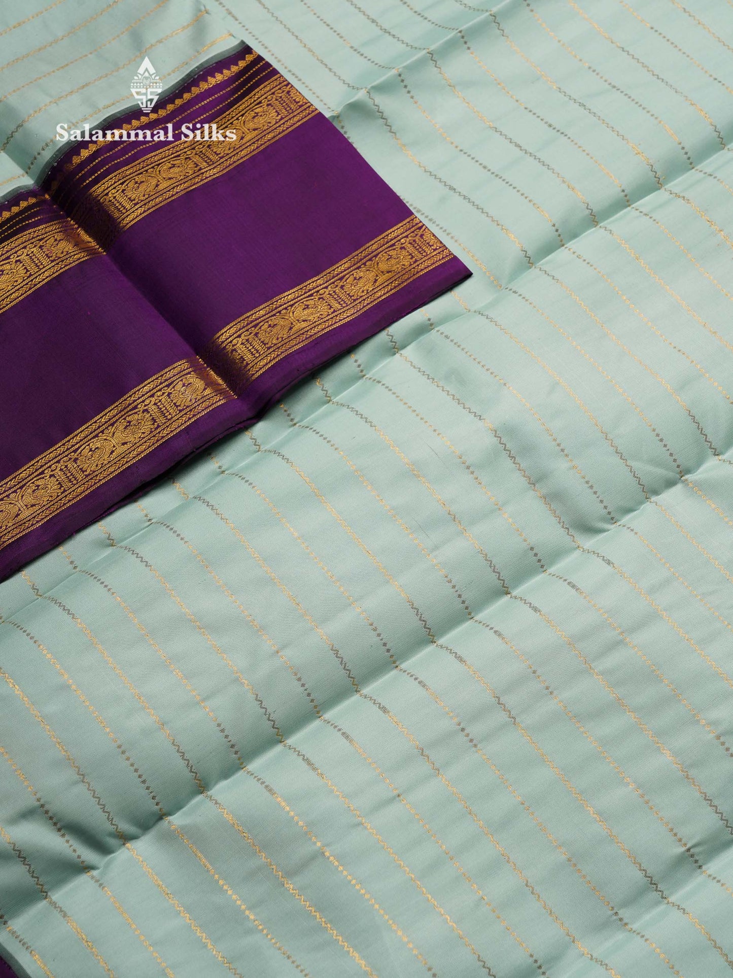Korvai Beautiful Ice Blue Pure Kanjivaram Silk Saree With Contrast Dark Purple Traditional Rettapet Border