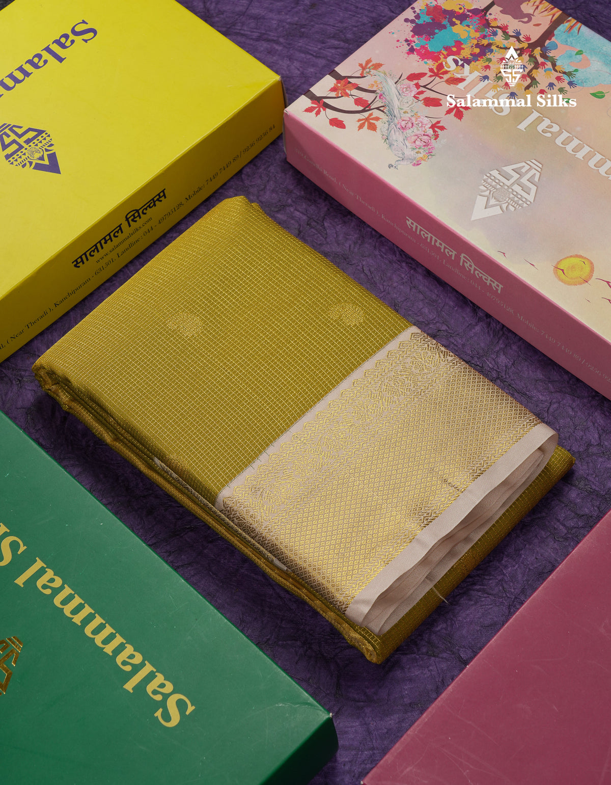Beautiful Manthulir Yellow Tiny Checks With Butta Semi Silk Saree With Contrast Cream Sandal Traditional Border