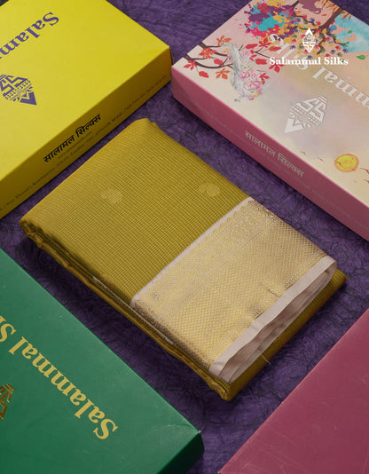 Beautiful Manthulir Yellow Tiny Checks With Butta Semi Silk Saree With Contrast Cream Sandal Traditional Border