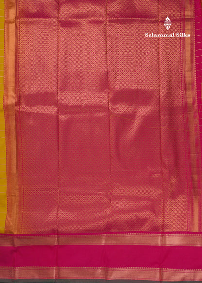 Mustard Yellow Semi Silk Saree With Contrast Pink Rettapet Border
