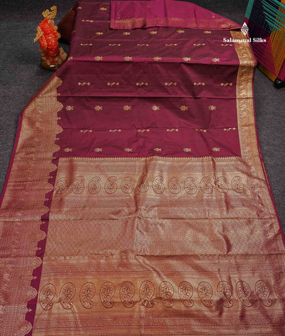 Beautiful Dual Tone Magenta Iruthalai Pakshi Zari Butta Semi Silk Saree With Traditional Turning Border