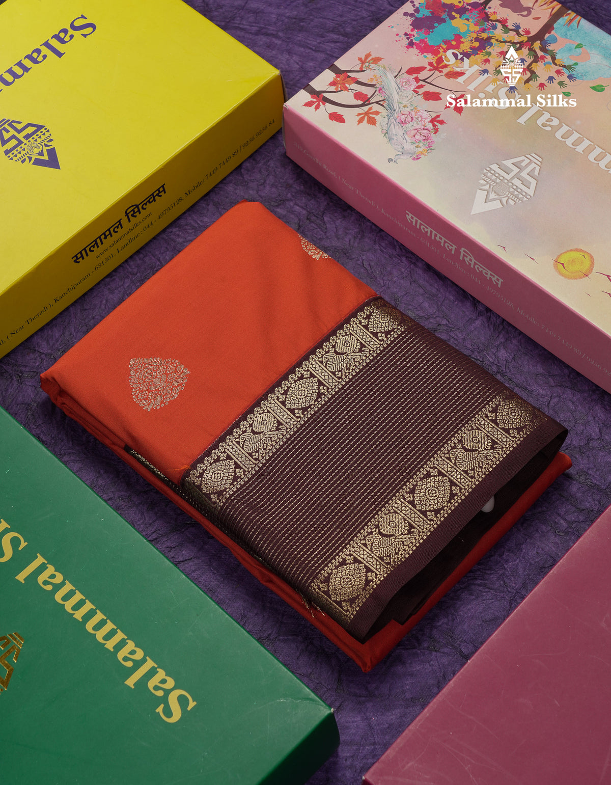 Beautiful Rust Orange Semi Silk Saree With Contrast Dark Brown Traditional Border