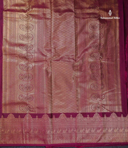 Beautiful Dual Tone Magenta Iruthalai Pakshi Zari Butta Semi Silk Saree With Traditional Turning Border