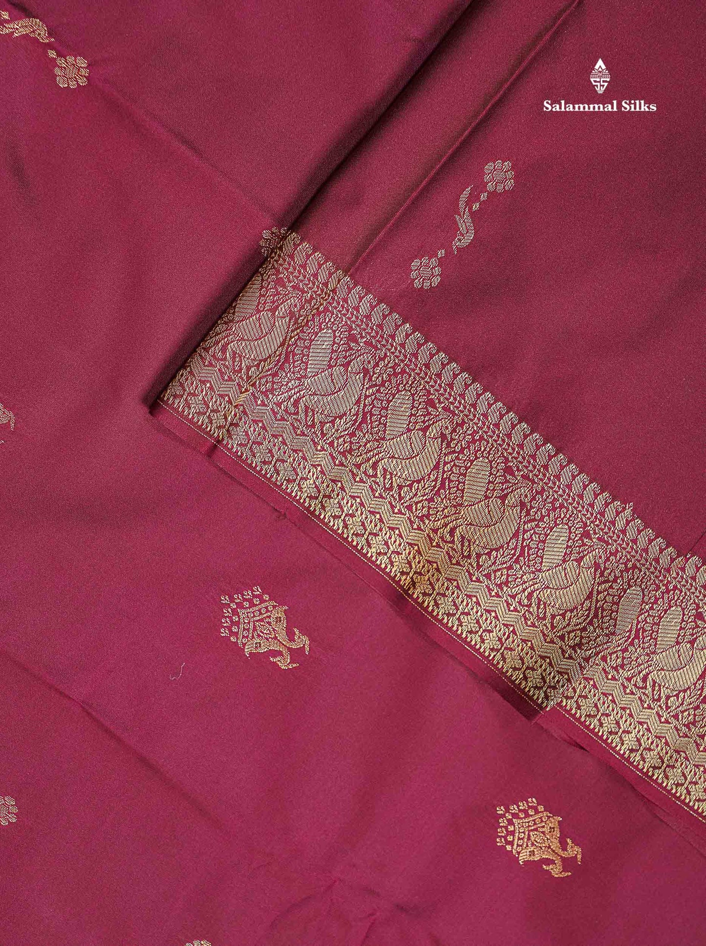 Beautiful Dual Tone Magenta Iruthalai Pakshi Zari Butta Semi Silk Saree With Traditional Turning Border