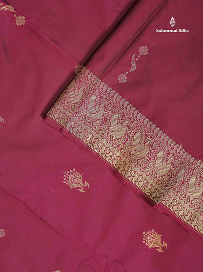 Beautiful Dual Tone Magenta Iruthalai Pakshi Zari Butta Semi Silk Saree With Traditional Turning Border