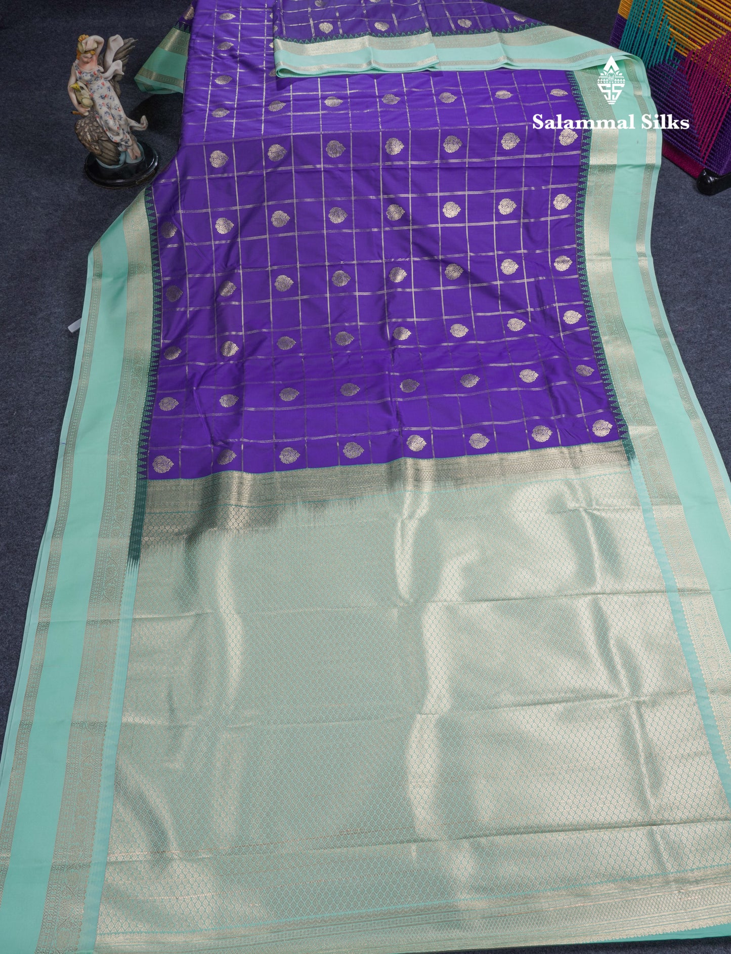 Violet Checks Semi Silk Saree With Contrast Rexona Green Traditional Rettapet Border