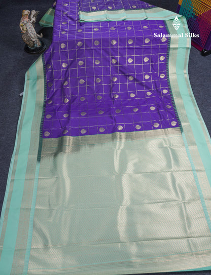 Violet Checks Semi Silk Saree With Contrast Rexona Green Traditional Rettapet Border