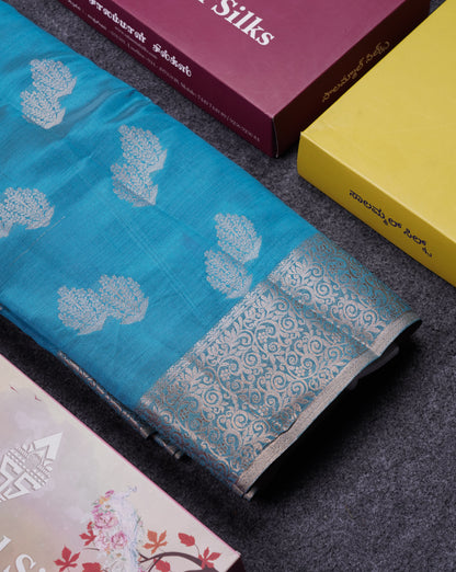 Beautiful Blue Semi Raw Silk Saree With Fancy Border