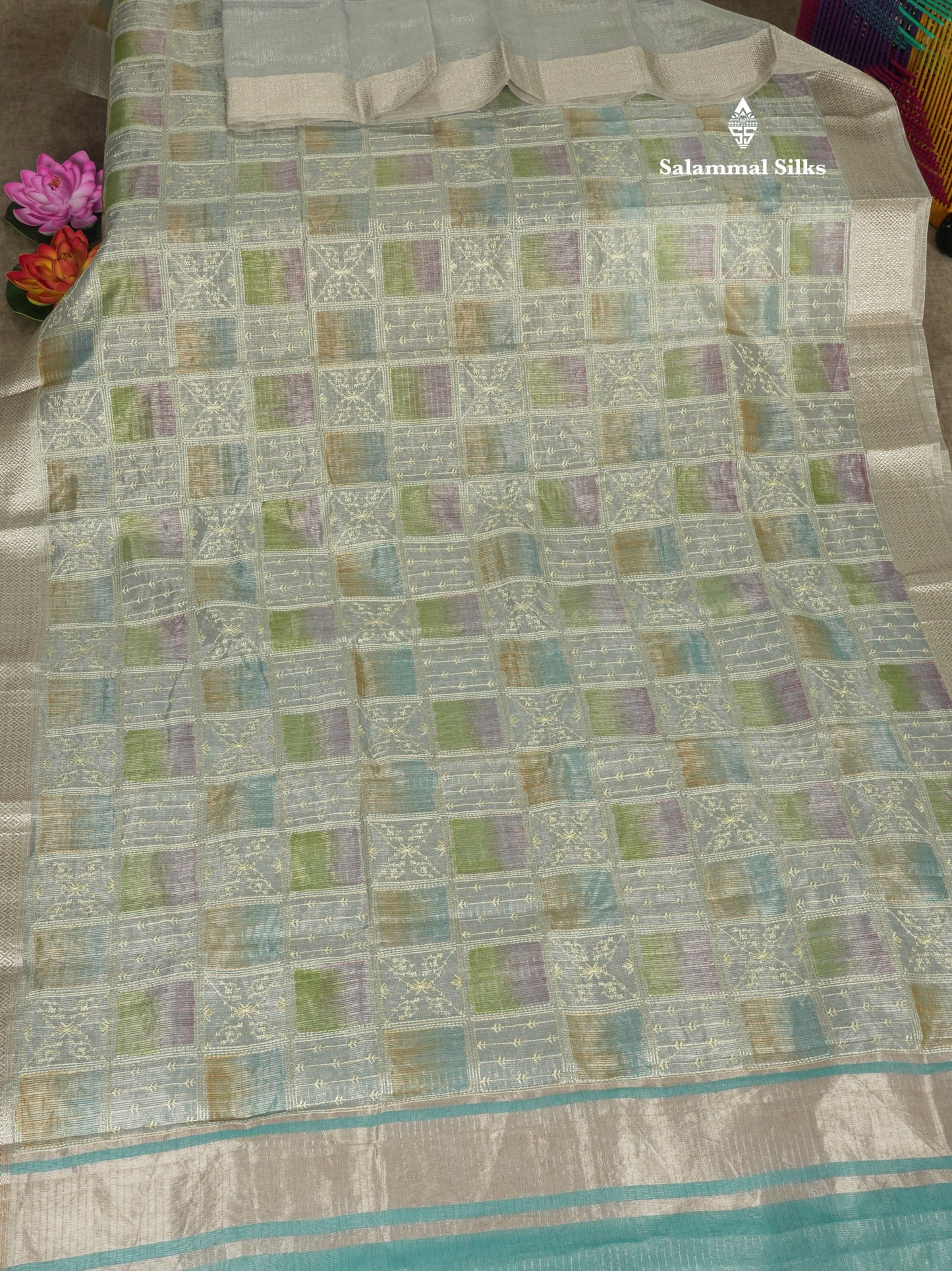 Baby Pink Fancy Tissue Kota Saree With Zari Lines Blouse