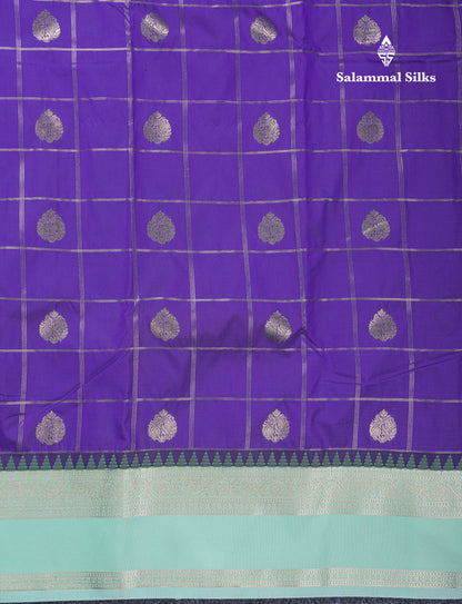 Violet Checks Semi Silk Saree With Contrast Rexona Green Traditional Rettapet Border